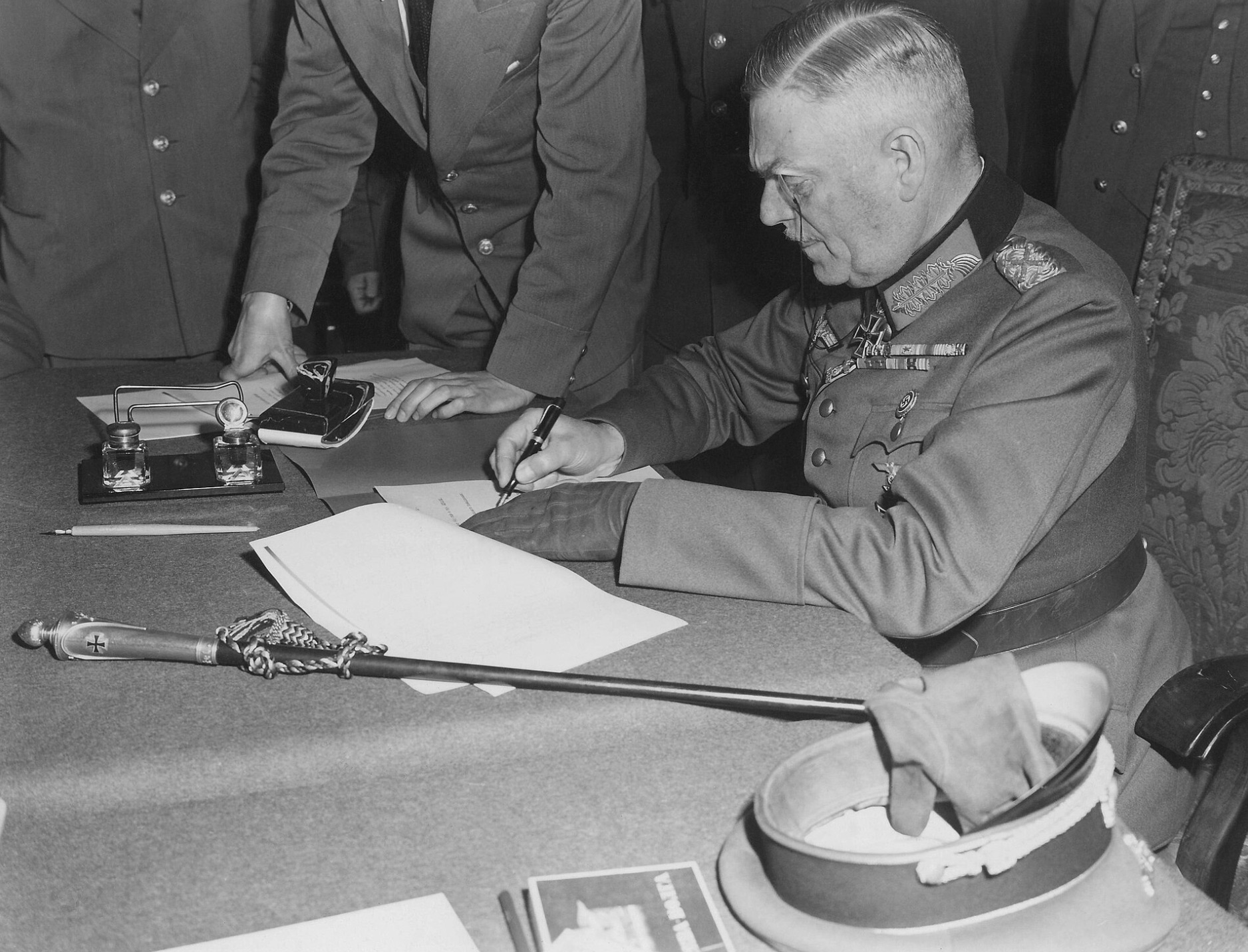 Field Marshal Wilhelm Keitel signing the unconditional surrender of the German Wehrmacht at the Soviet headquarters in Karlshorst, Berlin 